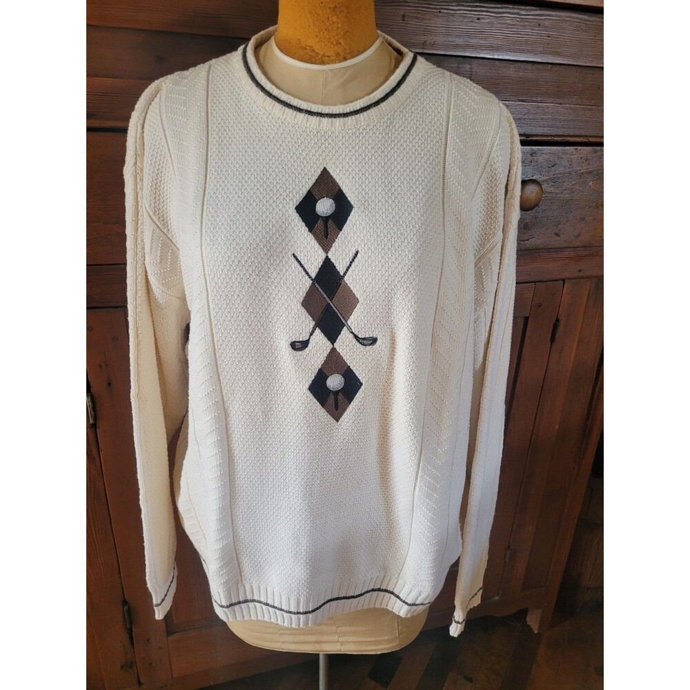VINTAGE Fairway Sport Sweater Mens LG White Beige Embroidered Crewneck Golf Logo